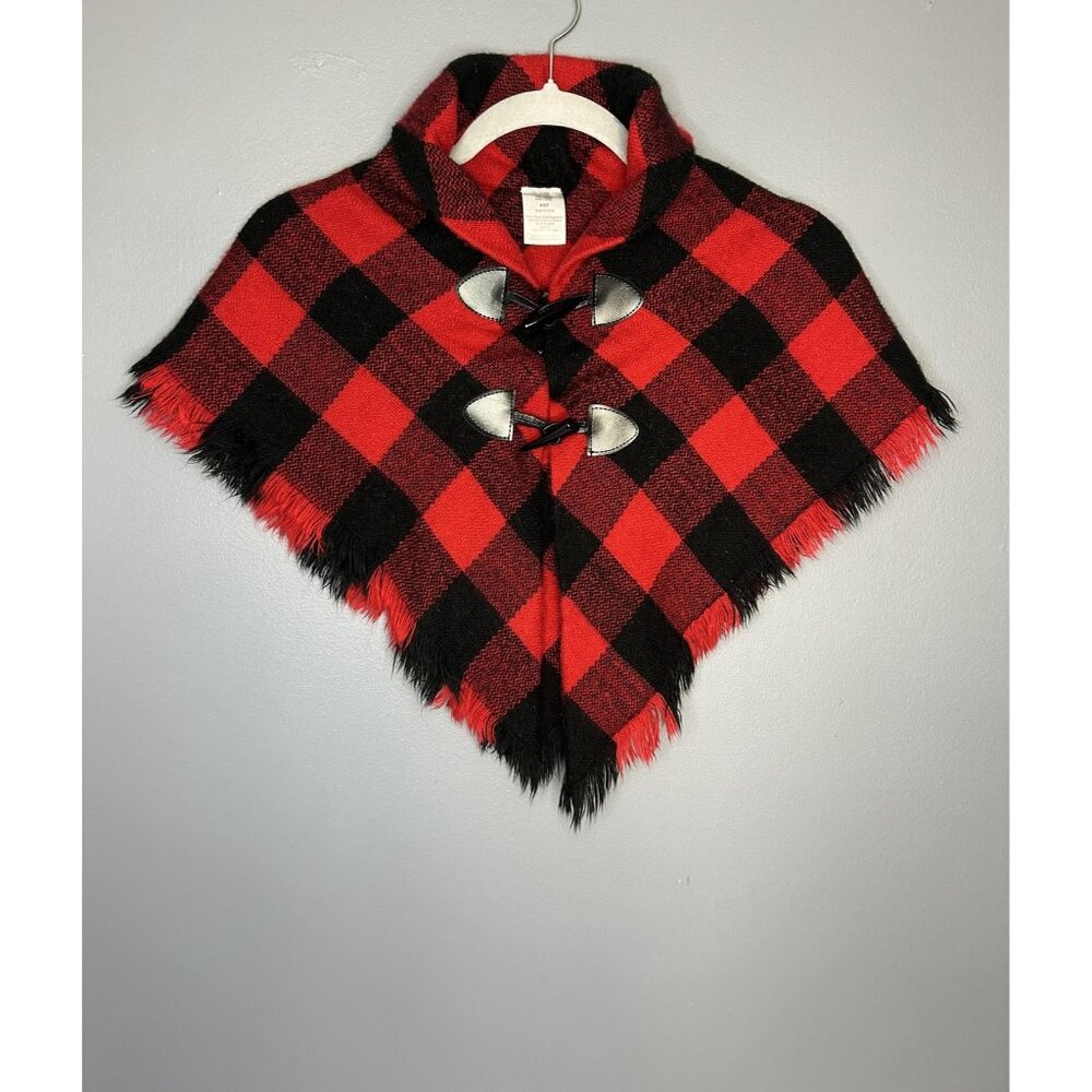 Buffalo‎ Plaid Shawl Poncho Girls 4T Red Black Toggle Cape Christmas Cute Photo